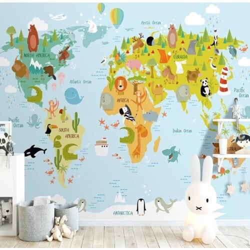 Custom Size Modern Cartoon Animal World Map Mural Wallpaper For Kids Room Children Room Bedroom Decoration Photo Wall Paper 3D