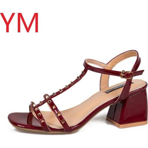 Hot Summer Shoes Female Sandal Party Sandals Woman 2020 Open Toe Buckle Strap Rivet Med High Heels Ladies Peep Retro Stiletto