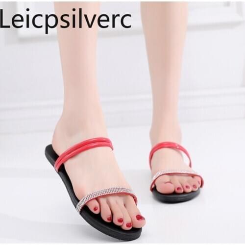 Womens Sandals summer The New fashion Solid Crystal Narrow Band Slip-On Open toe flat Womens shoes plus size 32-43
