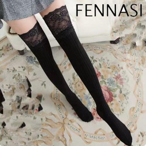 Ladies Lace Patchwork Over-The-Knee Hose Womens Cotton Lengthened Stocking Warm Knitted Sock