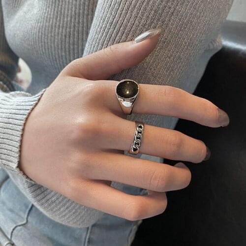 VENTFILLE 925 Sterling Silver Korean Ring Black Stone Chain Vintage Female INS Simple Handmade Opening Index Finger Jewelry