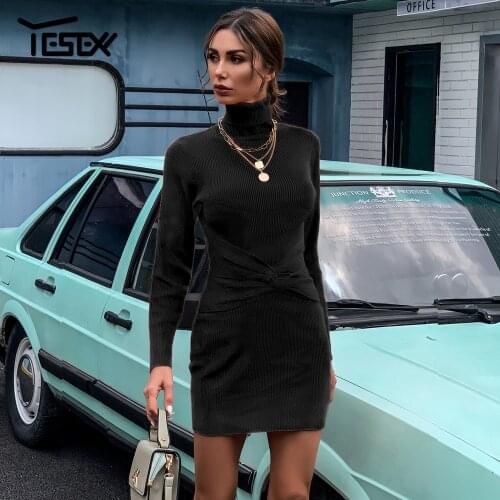 Yesexy Sexy High Neck Long Sleeve Sweater Dress 2021 Women Elegant Bodycon Short Dress Party Mini Dress Vestido M0602