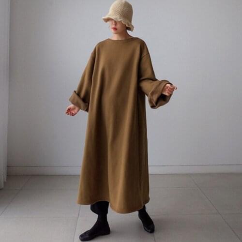 Johnature 2021 New Women Hoodie Dresses Winter Casual Loose Solid Color A-Line Dress