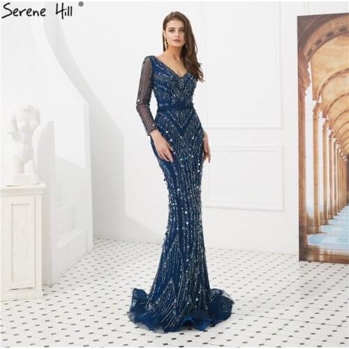 Serene Hill Handmade Crystal Navy Blue Long Sleeves Sexy Mermaid Evening Dress 2020 Elegant Luxury Fomal Party Gown CLA6010