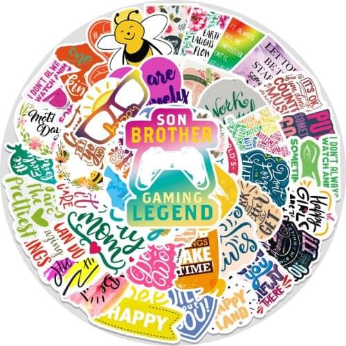 50pcs Cartoon Color English Letters Inspirational Quotes Sticker for Laptop Computer Skateboard Case Helmet Toy Decals Stickers