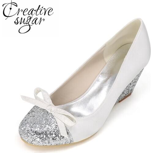 Creativesugar Round glitter toe and wedges woman satin patched medium heel bow dress party prom shoes white ivory silver grey