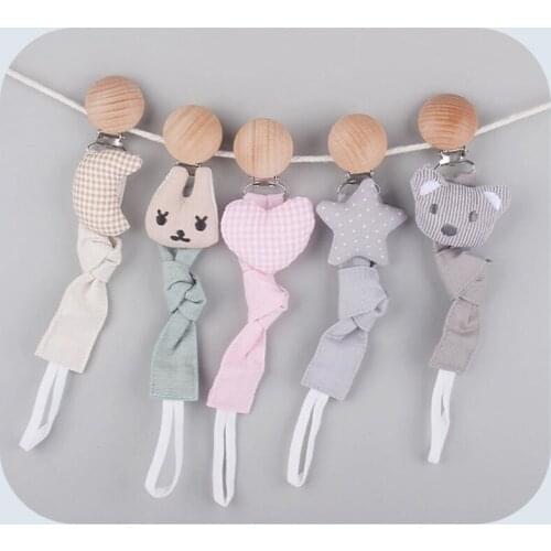 Baby Teether Beech Wooden Clip Cotton Linen Pacifier Chain Dummy Nipple Soother Holder Leash Strap for Infants Newborn