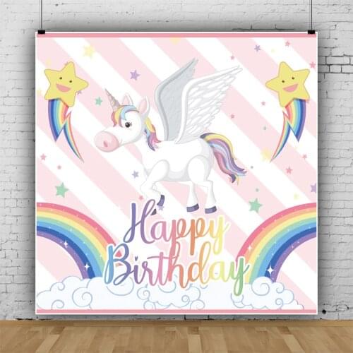 Laeacco Rainbow Cartoon Unicorn Star Child Birthday Photographic Background Personalized Poster Baby Portrait Photo Backdrops