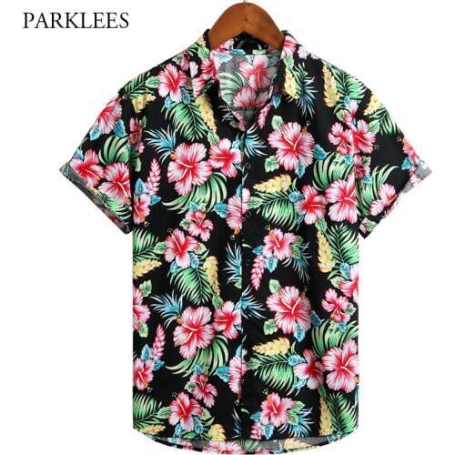 Hawaiian Shirt Men Short Sleeve Cotton Floral Print Mens Beach Hawaii Shirts Casual Holiday Party Camisa Masculina Plus Size 3XL