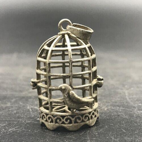 Exquisite Chinese Tibetan Silver Copper Pendant Hand-carved Bird Cage Can Open Statue