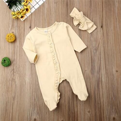 Newborn Baby Boys Girls free shipping clothes Button Ruffle round neck long sleeve Romper solid bow Headband 2pc autumn Outfit