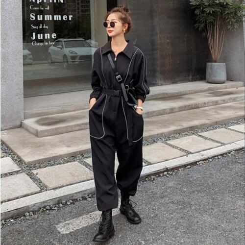 Workwear jumpsuit women 2021 autumn new style Hong Kong style high waist loose beam feet reflective jumpsuit suit trend s43