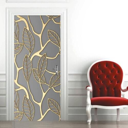 Metallic Texture Golden Leaves PVC Door Stickers DIY Renew Wall Sticker Vestibule Living Room Decor Home Decoration Accessories
