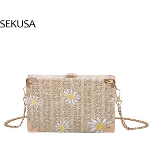 Flower Fashion Women Evening Bags Straw Flap Design Chain Shoulder Handbags 2021 Party Wedding Day Clutch