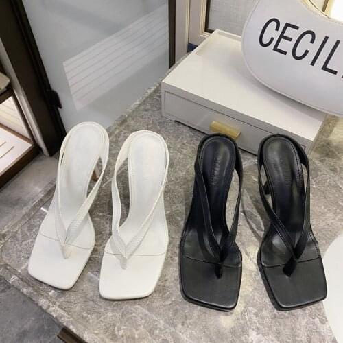 Fashion Flip-Flops Medium High Heel Slippers Sexy Girl Mules Shoes Women Luxury Sandals Slip On Square Toe 2021 Party Outdoor