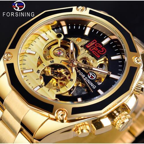 Forsining Luminours Hands Golden Stainless Steel Mens Automatic Sport Wristwatch Mechanical Clock Skeleton Top Brand Luxury Hour