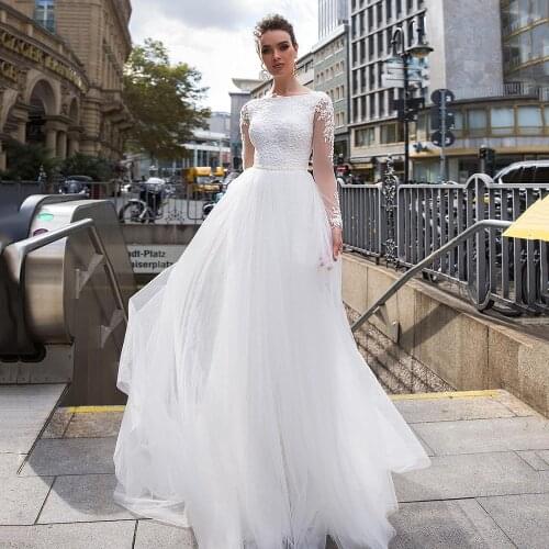 Beach Wedding Dress A-Line Scoop Neckline Long Sleeves Lace Bridal Dress With Detachable A-Line Tulle Skirt Brides Dres
