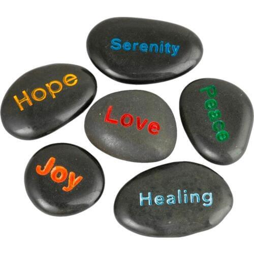 TUMBEELLUWA 6Pc/Set Engraved Inspirational Faith Black Stones Pebble Stone,Hope,Serenity,Peace,Healing,Joy,Love