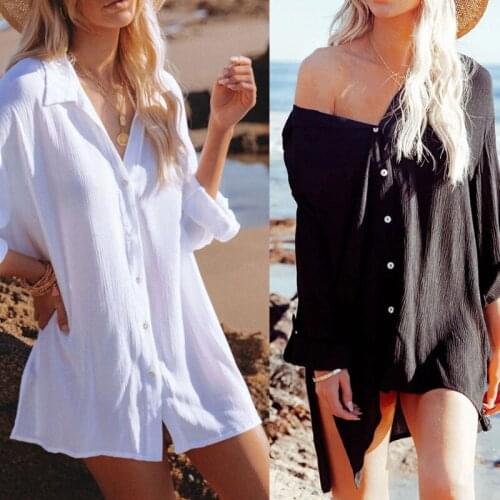 Women Roll-Up Long Sleeve Shirts Beach Bikini Cover-Up Button Side Split Blouse G99D
