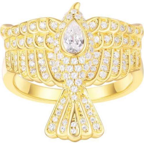 High Quality 925 Sterling Silver Gold Color Full Cubic Zirconia Falcon Finger Ring Women Fine Egyptian CZ Eagle Ring Jewelry