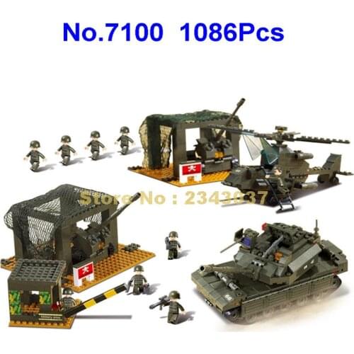 Sluban 7100 1086pcs Military Army Headquarters Helicopter Tank Building Blocks Toy