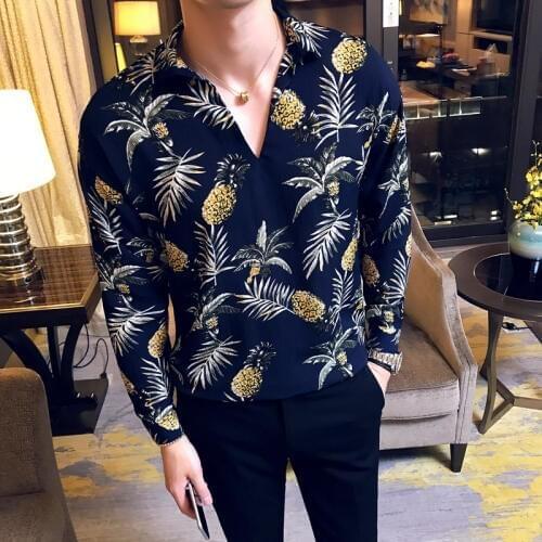 2017 Autumn Beach Ventilation Loose Fashion Thin Shirt Elastic Waist Receive Men Pullover V-neck Long Sleeve Floral Shirts M-xxl