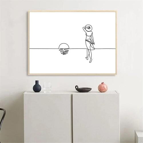 Abstract Sun Poster Woman Line Drawing Wall Painting Black and White Sunrise Canvas Print Nordic Wall Pictures Living Room Decor
