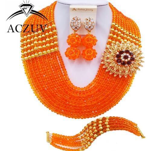 ACZUV 10 Rows Orange African Wedding Beads Nigerian Jewelry Set Bridal Jewelry Sets 10LBJZ015
