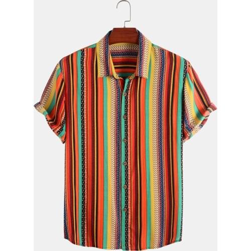 Men T-Shirts Striped Hawaiian Shirts Tops Short Sleeve Button Turndown Collar Beach Shirts Tops Summer Casual Men Clothing 2021