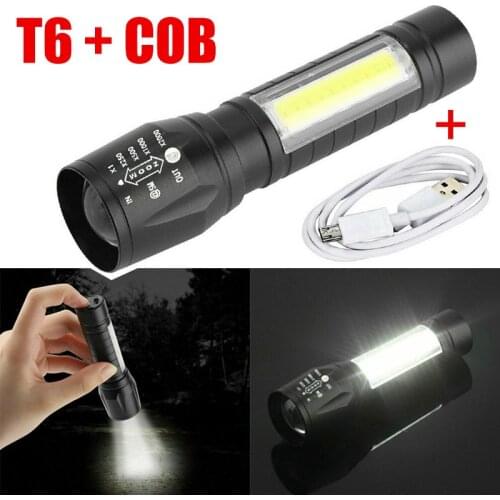 High-brightness T6 COB LED Flashlight Waterproof Tactical USB Rechargeable Camping Light with Zoom Focus Fan Portable Flashlight