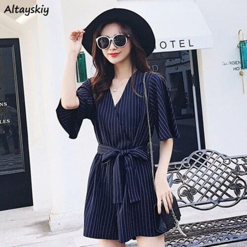 Rompers Women Popular Summer Wide Leg Ladies Sashes Striped Oversize High Waist Leisure Comfortable Clothing V-neck Holiday Thin