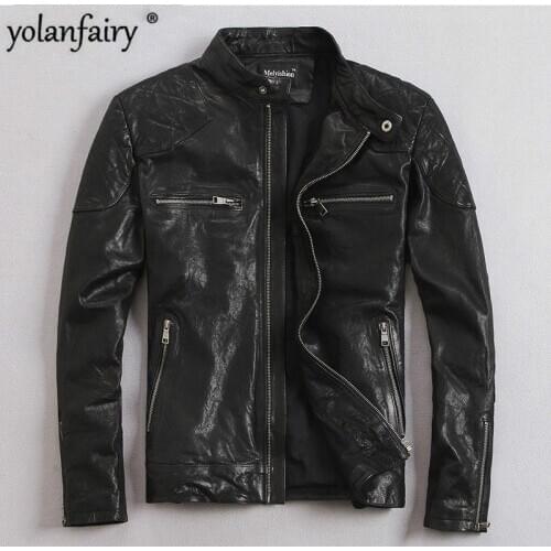 YOLANFAIRY 100% Natural Goat Skin Leather Jacket Men Spring Autumn Short Slim Motocycle Bomber Jackets casacas de cuero MF032