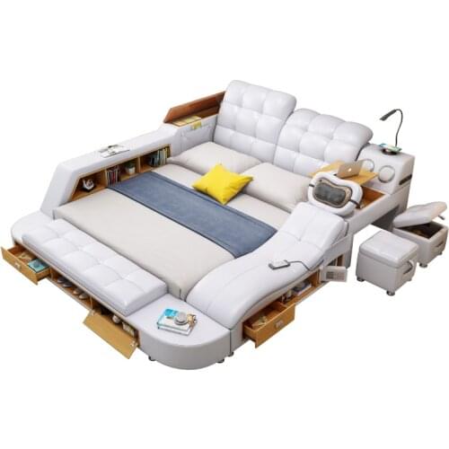 Genuine Leather multifunctional massage bed frame modern Nordic camas ultimate bed With storage LED light Bluetooth speaker safe