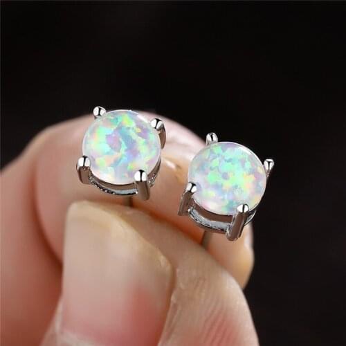 Fashion Silver Color Bridal Earrings 6MM Round Stone Small Cute Earrings White Fire Opal Stud Earrings For Women Wedding Jewelry