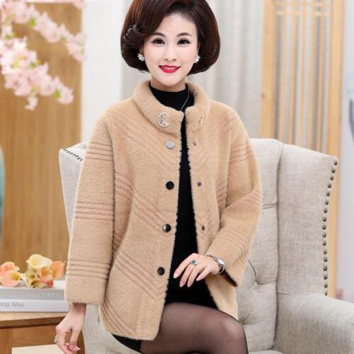Mink Cashmere Jacket Female Cardigan Sweater Mother Jacket 2019 Autumn Winter New Middle-aged Womens Coat warm Plus Size M-4XL