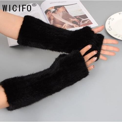 WUCIFO Women Gloves Mittens 2019 Winter Warm Fingerless Gloves Knitted Mittens 100% real mink fur gloves women long gloves Lady