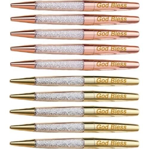 100Pcs/Lot Rose Gold Pen Bling Diamond Pens Fine Black Ink Crystal Ballpoint Pen Ring Wedding Office Metal Roller Ball Pen Gift