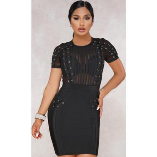 Supper Sexy Black Short Sleeve Patchwork See Through Mesh Lace Up Round Neck Bandage Bodycon Dress