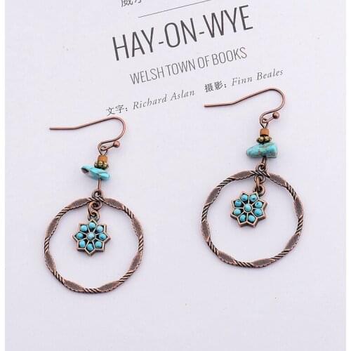 Vintage Round Flower Alloy Earrings Ornament Female Bohemian Stone Summer Earrings Charm Jewelry Accessories