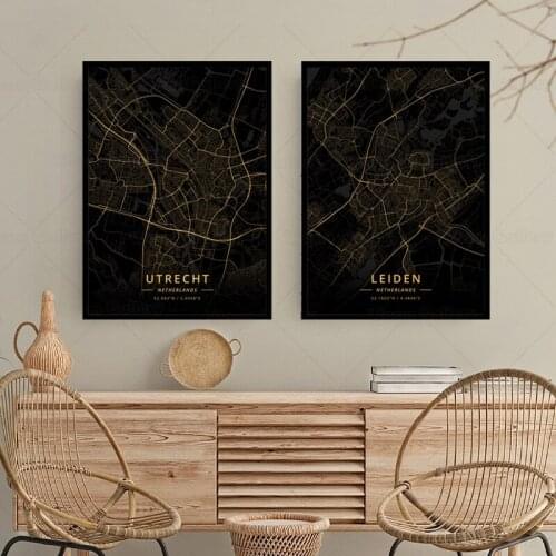 Lnterior Decoration Utrecht city Maps The Leiden city Print Golden Gloss Black Gold Art Canvas Painting Poster