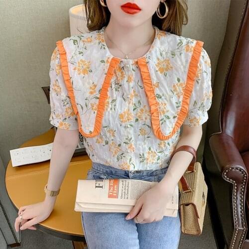 Embroidered Flower Print Women Summer Blouse Sweet Navy Collar Korean Style Shirts Female Loose Short Sleeve Chic Casual Tops