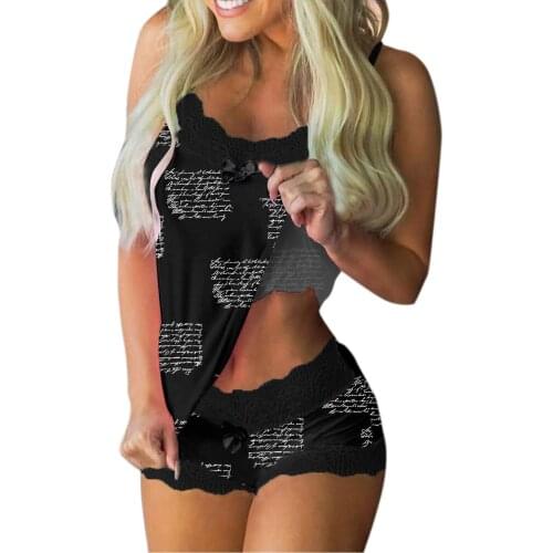 Sleeveless Lace Women Sleepwear Print Pajamas Cami Pijama Shorts Lingerie Sleepwear Set Cami Top + Shorts Pajamas Sets Nightwear