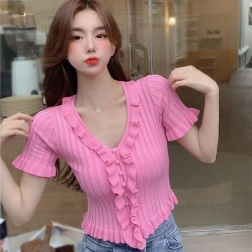 Women V-neck Button Ruffled Tshirt Summer FemaleKorean Style Short Section Knitted Short Sleeved Tee