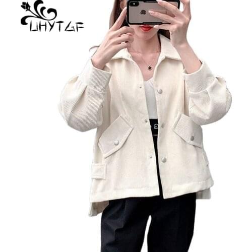 UHYTGF New Corduroy Women Jacket Fashion Pocket Single Breasted Loose Plus Size Top Elegant Student Thin Spring Autumn Coat 1504