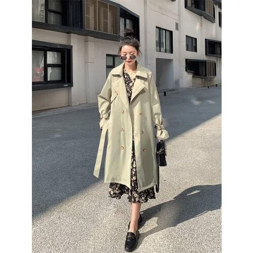 Womens Windbreaker Spring Autumn New Fashion Loose Solid Color Wild Double-breasted Long-sleeved Commute Female Trench Coat 069