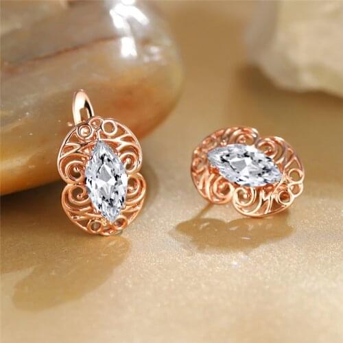 Female White Zircon Stone Earrings Vintage Hollow Flower Purple Crystal Hoop Earrings Rose Gold Color Wedding Earrings For Women