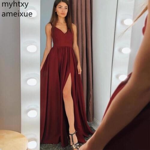 Plus Size Simple V-neck Long Prom Dresses A-line Burgundy Satin Elegant Special Occasion Women Formal Party Gowns Front Split