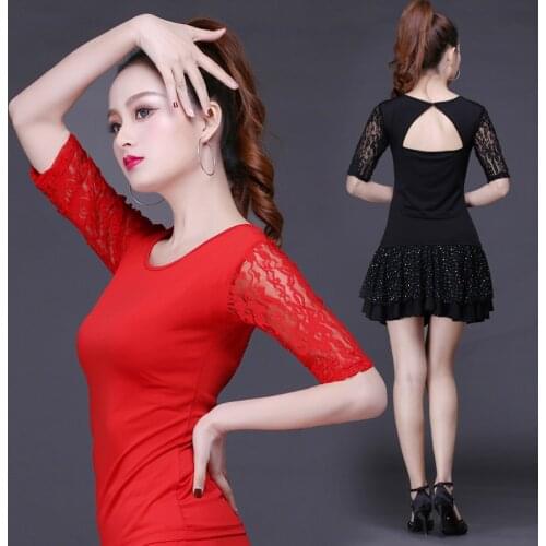 Square Dance Dress Short Sleeve Lace Patchwork Backless Latin Dance Top for Women Summer Dance Performance Costumes Adult