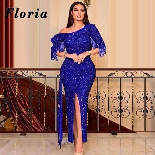 Royal Blue Glitter Evening Gown Dubai One Shoulder Prom Dresses Formal Custom 2020 Arabic Middle East Party Gowns Robe De Soiree