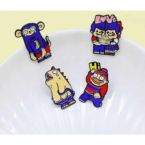 Love Boy girl conjoined Lapel Pin Monkey and dinosaur duck Enamel Brooch Cute animals Punk Badge Fun Jewelry gifts for friends